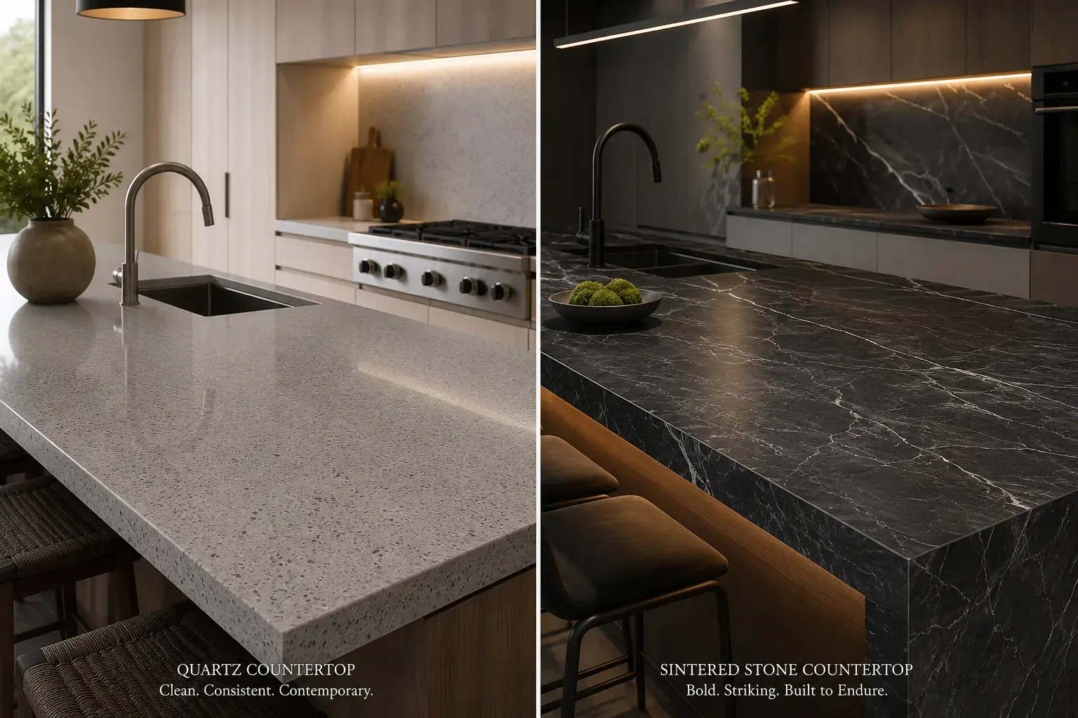 Conceptual rendering of modern side-by-side kitchen featuring a light quartz countertop and a dark sintered stone countertop in contemporary Carson City interiors