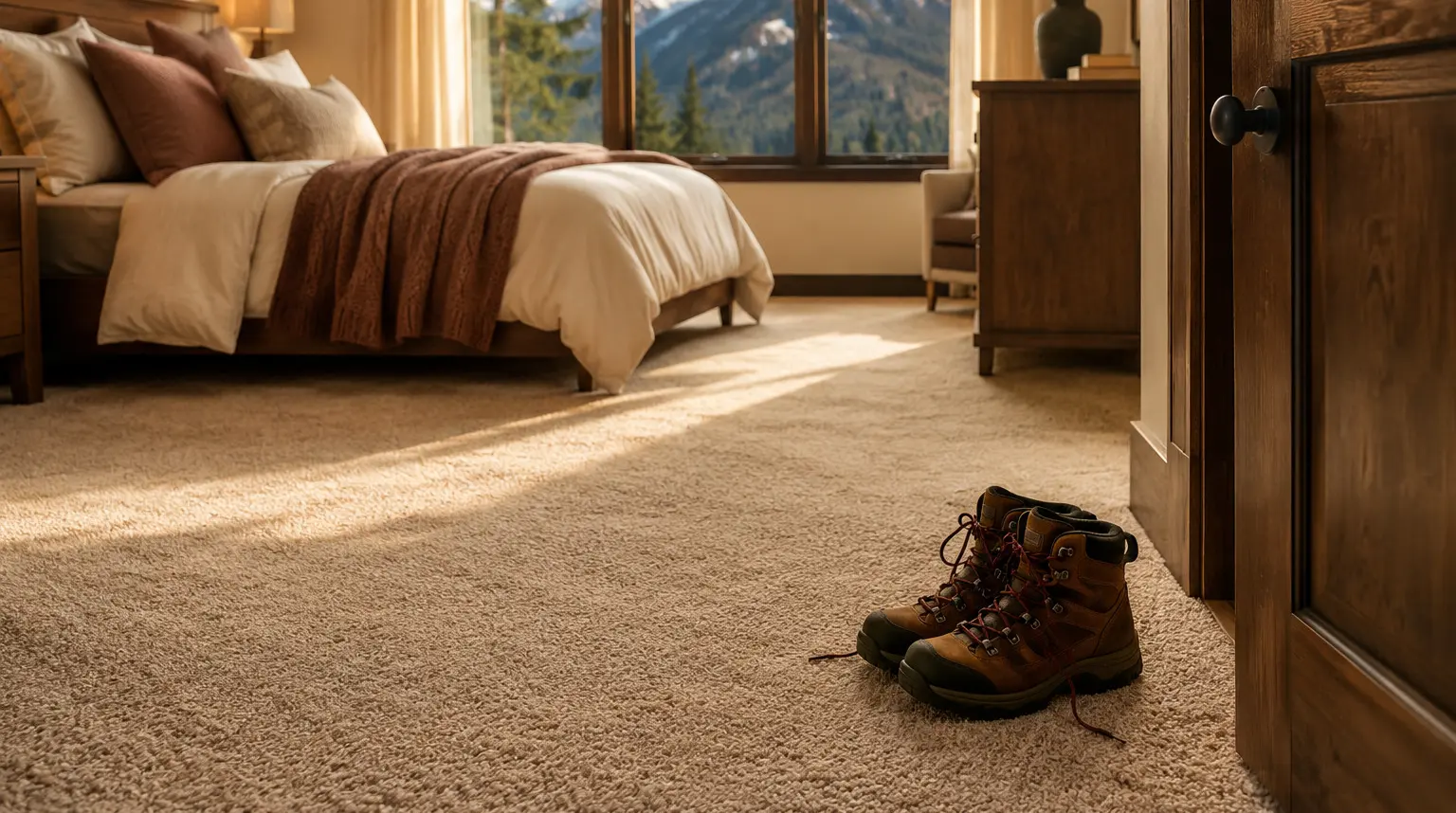 Conceptual rendering of a cozy bedroom interior with soft beige plush carpet at Crystal Bay, NV
