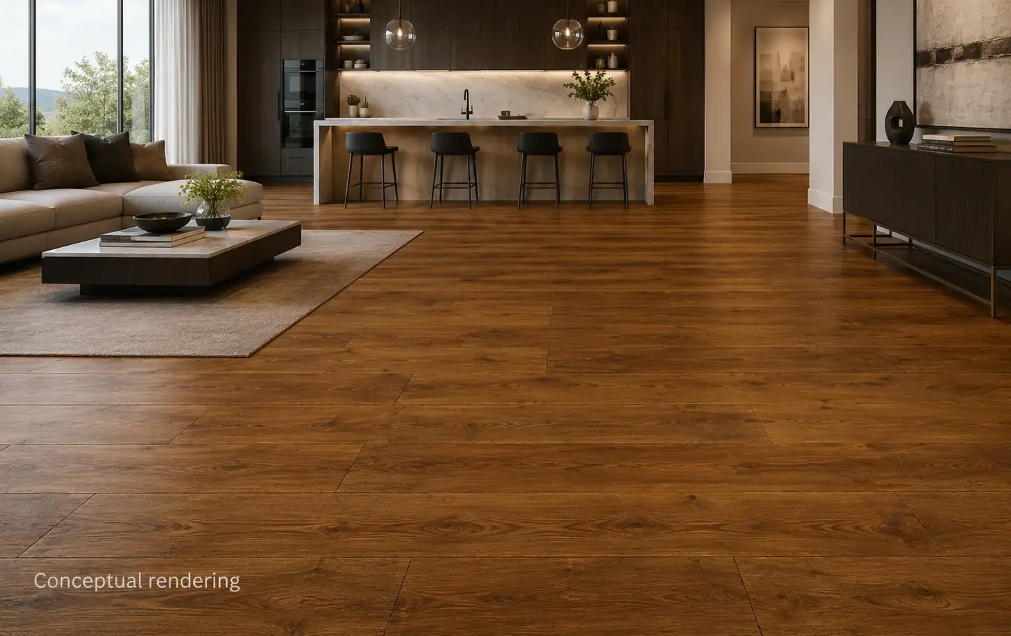 Conceptual rendering of luxury modern interior with engineered hardwood flooring at Crystal Bay, NV