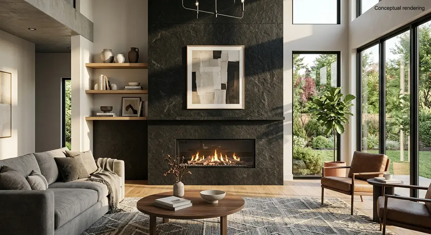 Conceptual rendering of Absolute black leathered granite fireplace backsplash in Crystal Bay living room