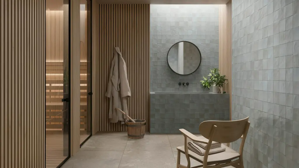 Glossy gray-green Zellige-look ceramic wall tile in a spa bathroom shower surround