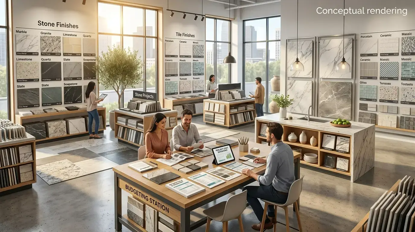Conceptual rendering of a tile and slab finishes displayed at showroom