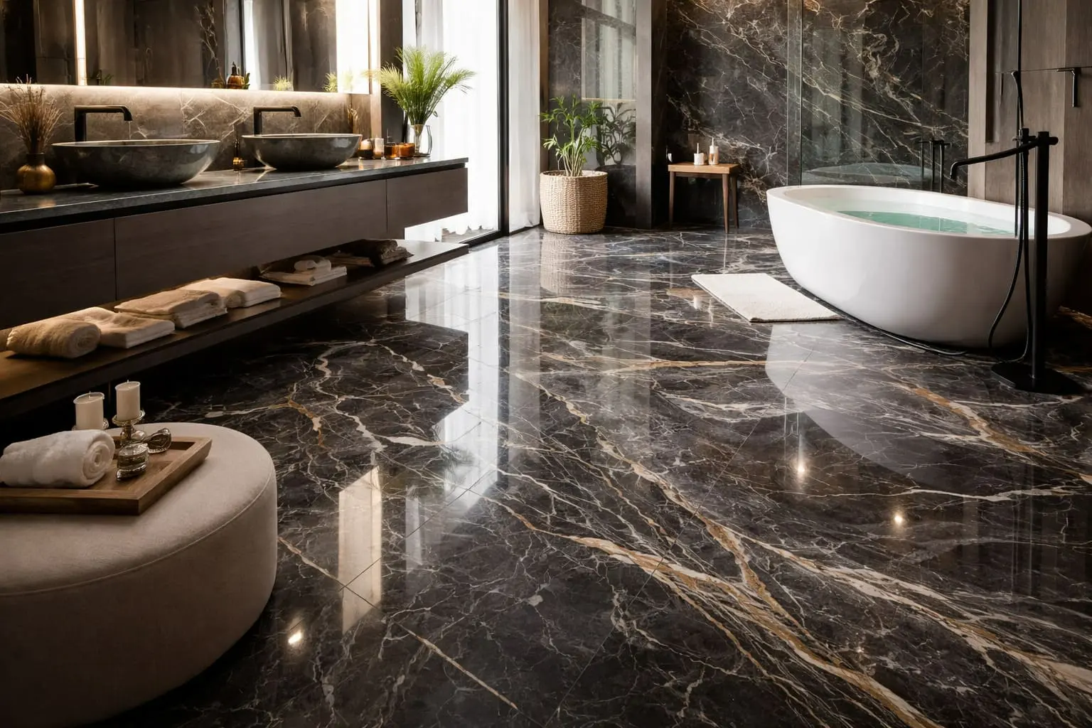 Conceptual rendering of a graphite marble slab flooring in a bathroom