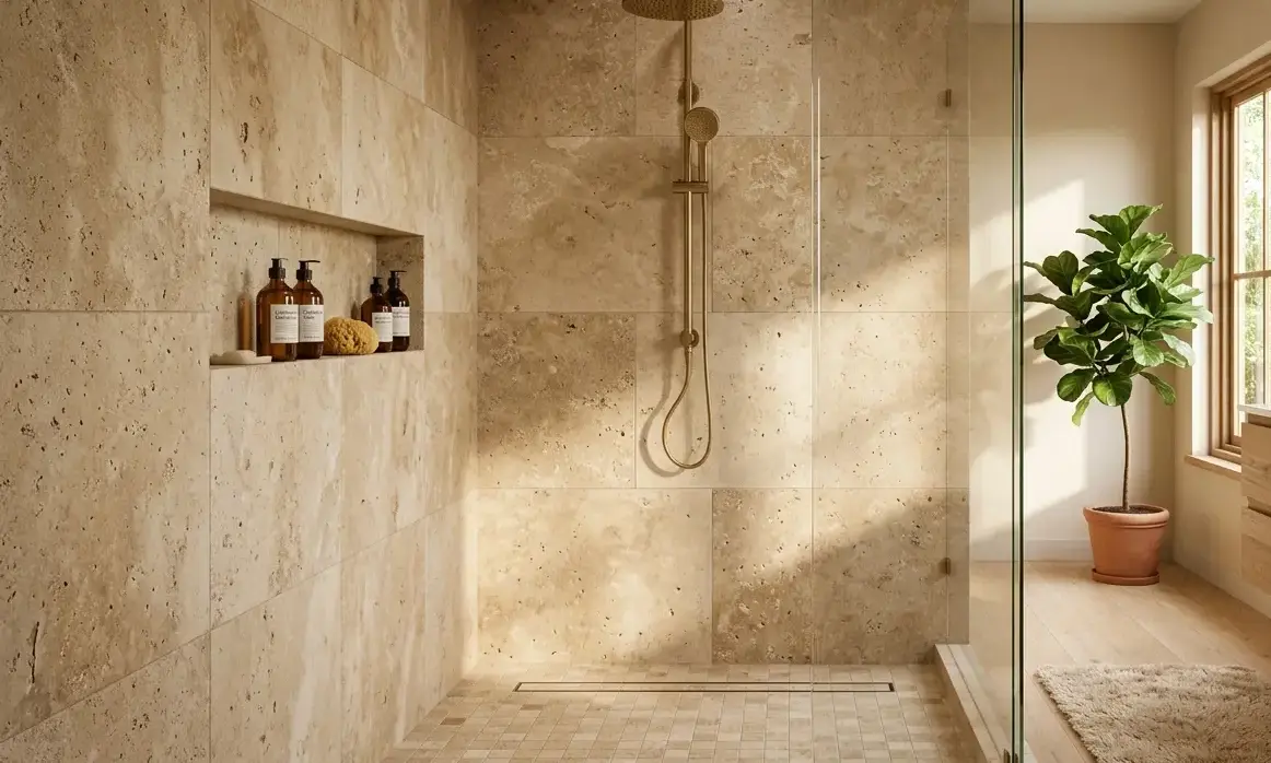 Conceptual rendering of a travertine shower surround designed for bathroom remodels
