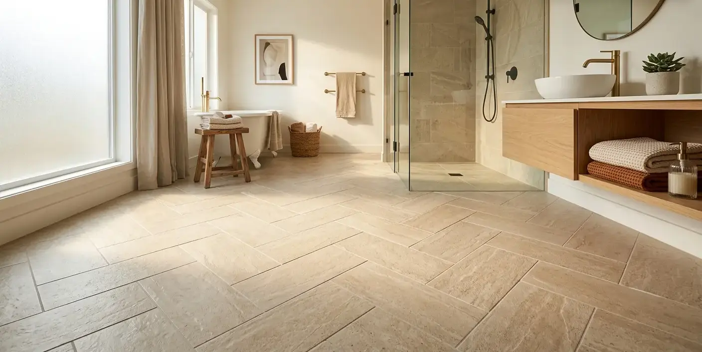 Conceptual rendering of a textured porcelain floor tile pattern for bathroom remodels