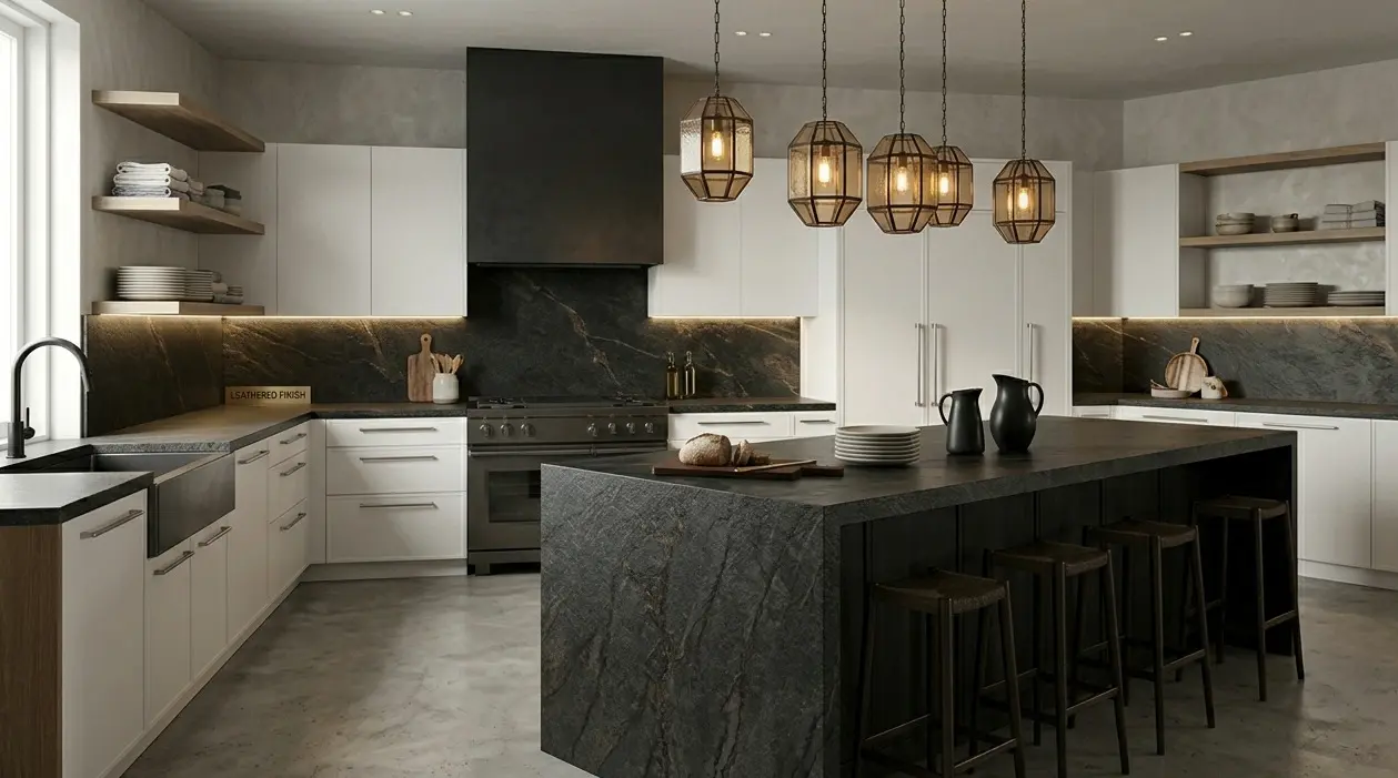 Conceptual rendering of leathered granite kitchen countertop