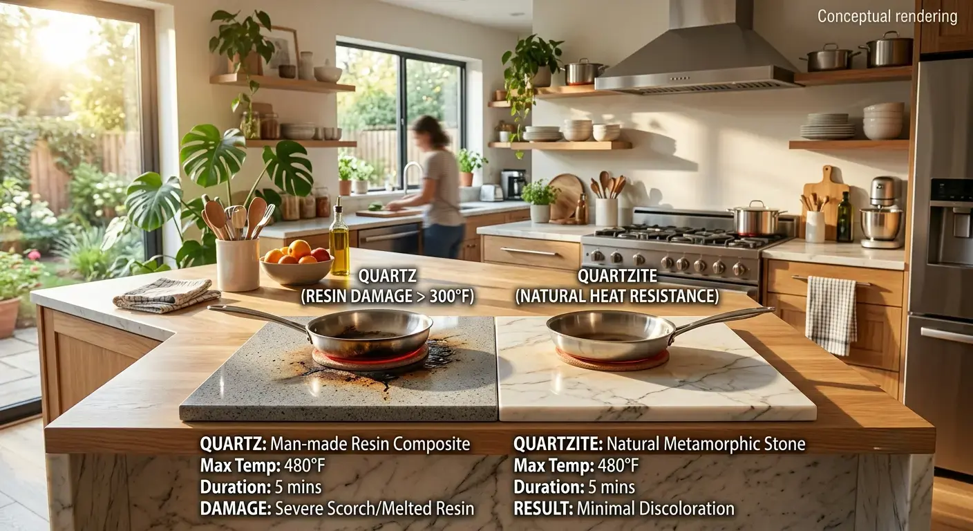 Conceptual rendering of a countertop heat resistance comparison between quartz and quartzite samples