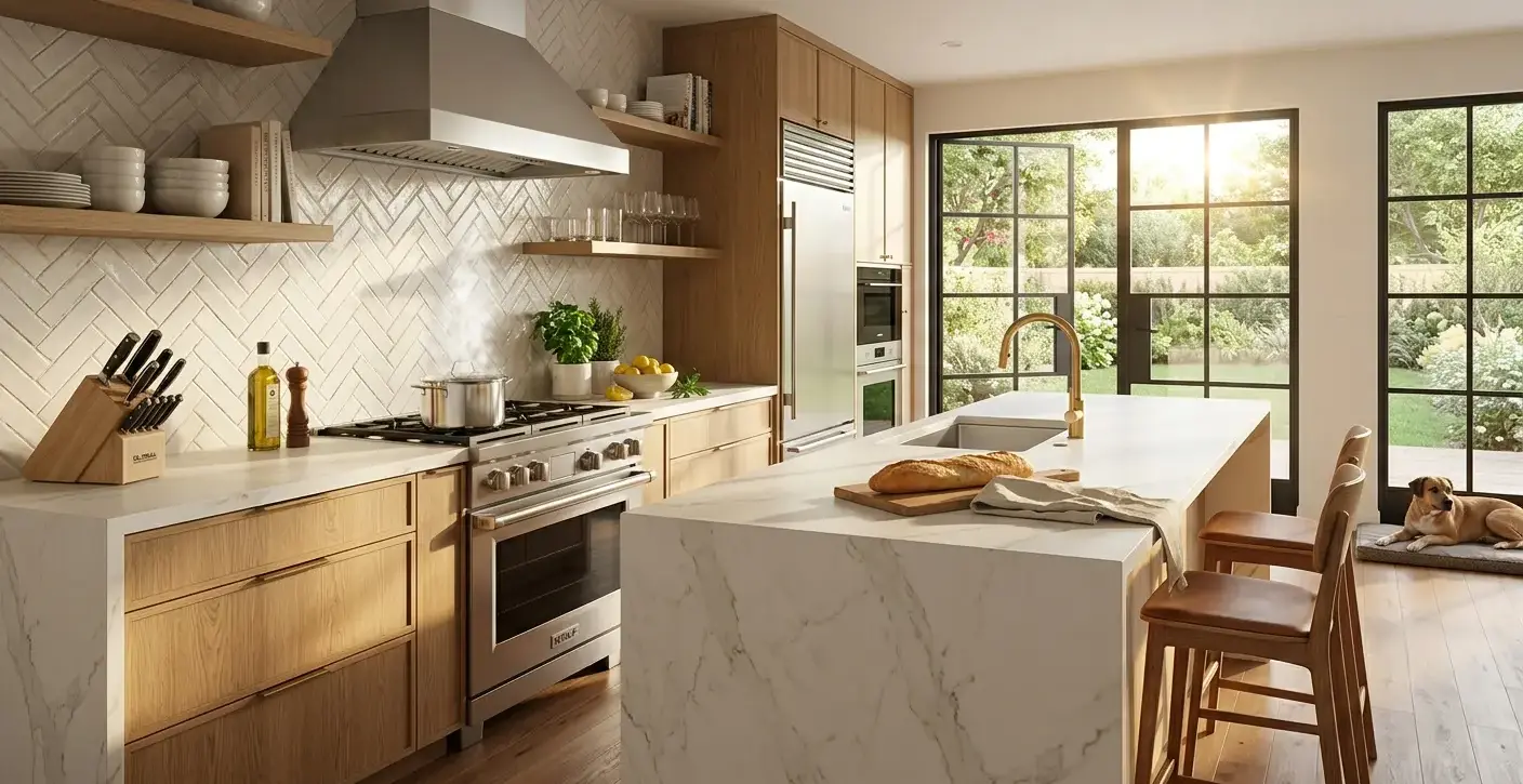 Conceptual rendering of a countertop heat resistance friendly kitchen pairing porcelain slab and backsplash tile