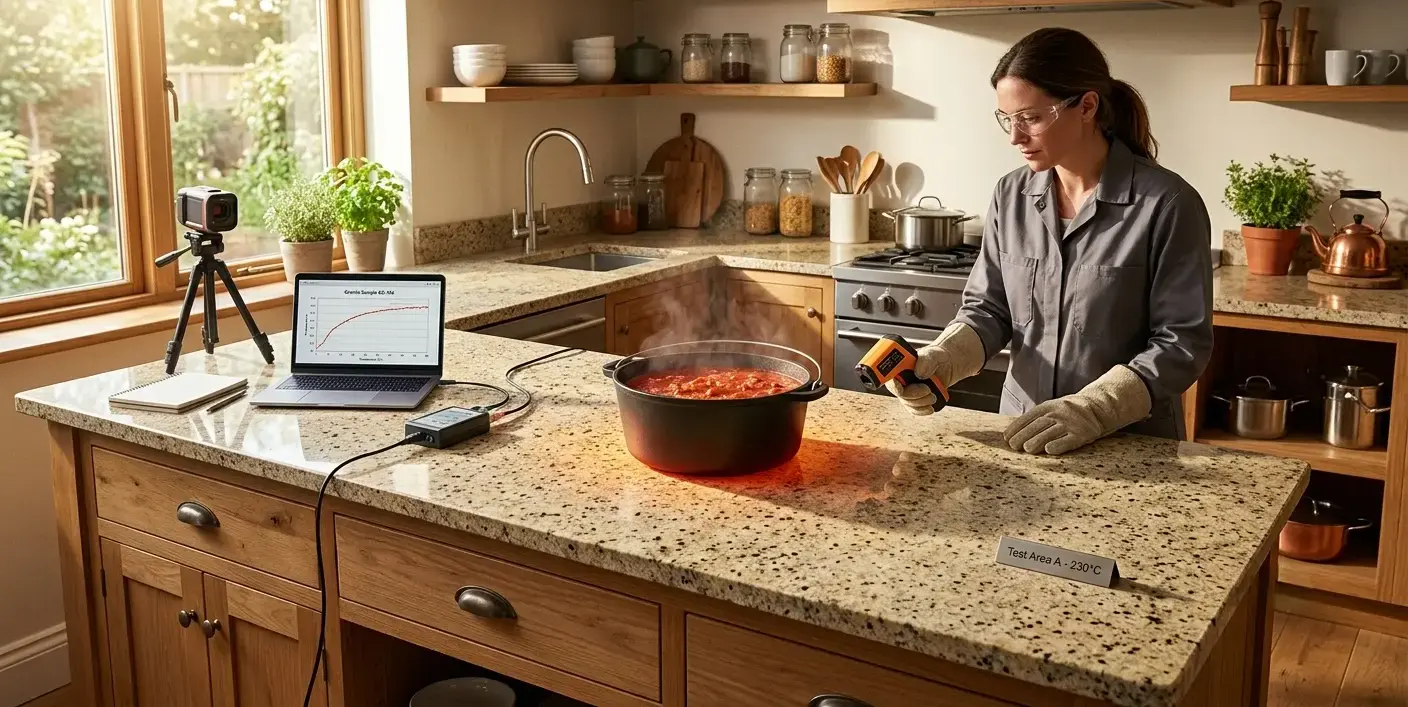 Conceptual rendering of a countertop heat resistance test on a granite kitchen slab