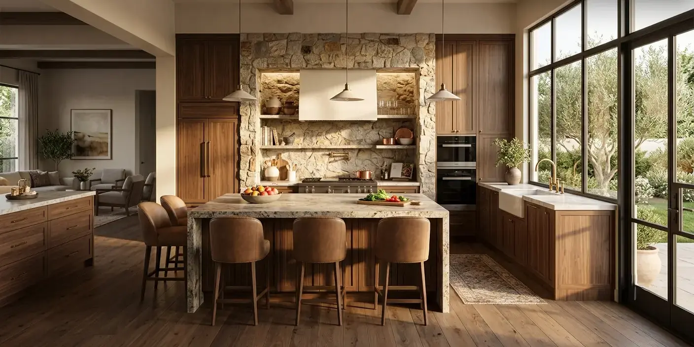 Conceptual rendering of a Luxury Living kitchen with a granite stone niche