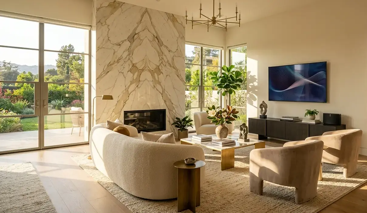 Conceptual rendering of a Luxury Living room with a marble accent wall
