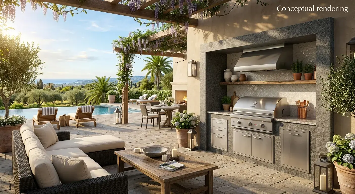 Conceptual rendering of a Luxury Living outdoor patio with a granite niche