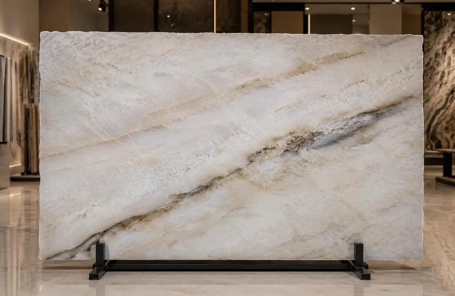 Conceptual rendering of Taj Mahal quartzite slab displayed in a stone showroom