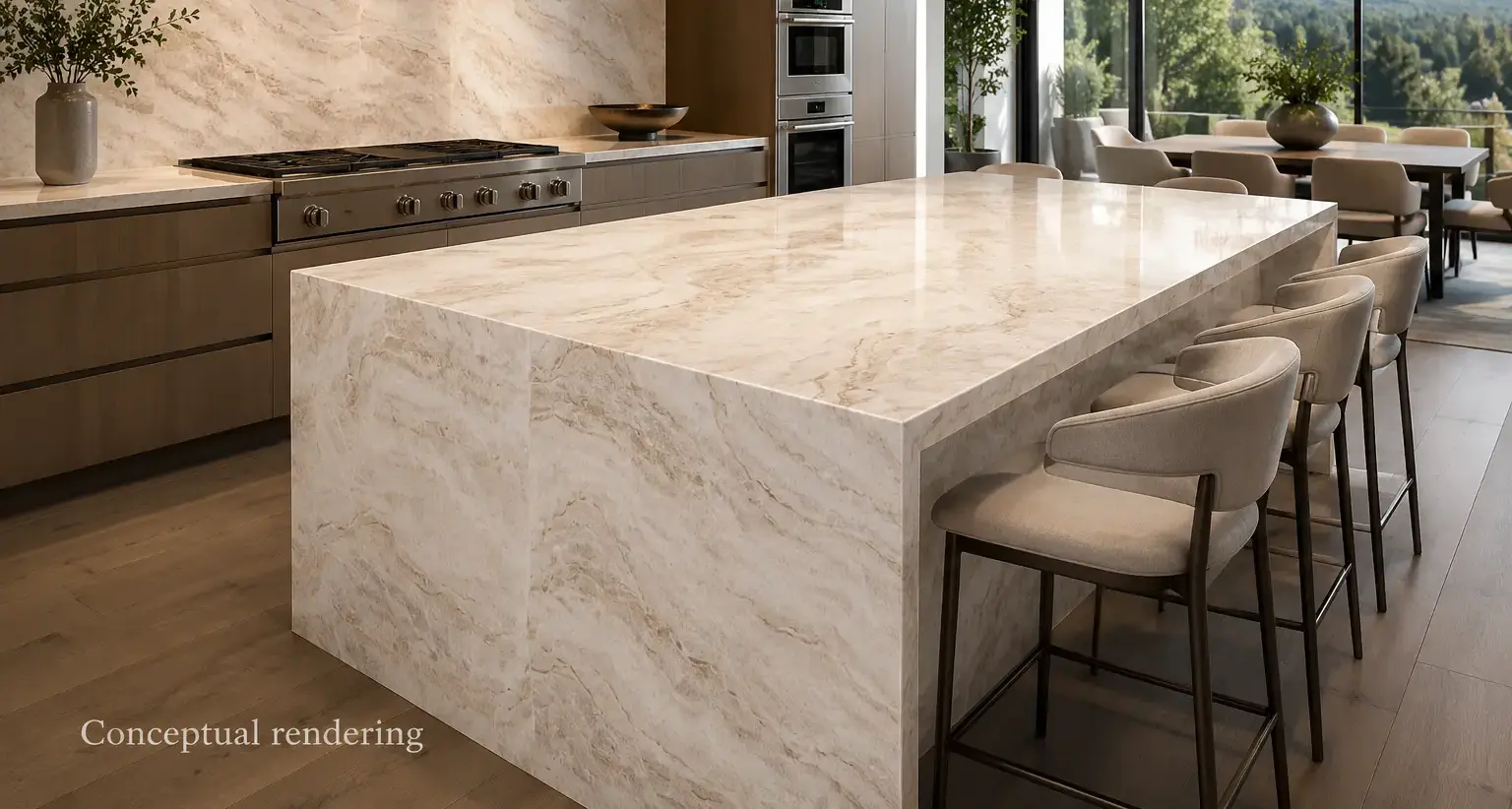 Conceptual rendering of Taj Mahal quartzite countertop in a luxury modern kitchen at Kings Beach, CA