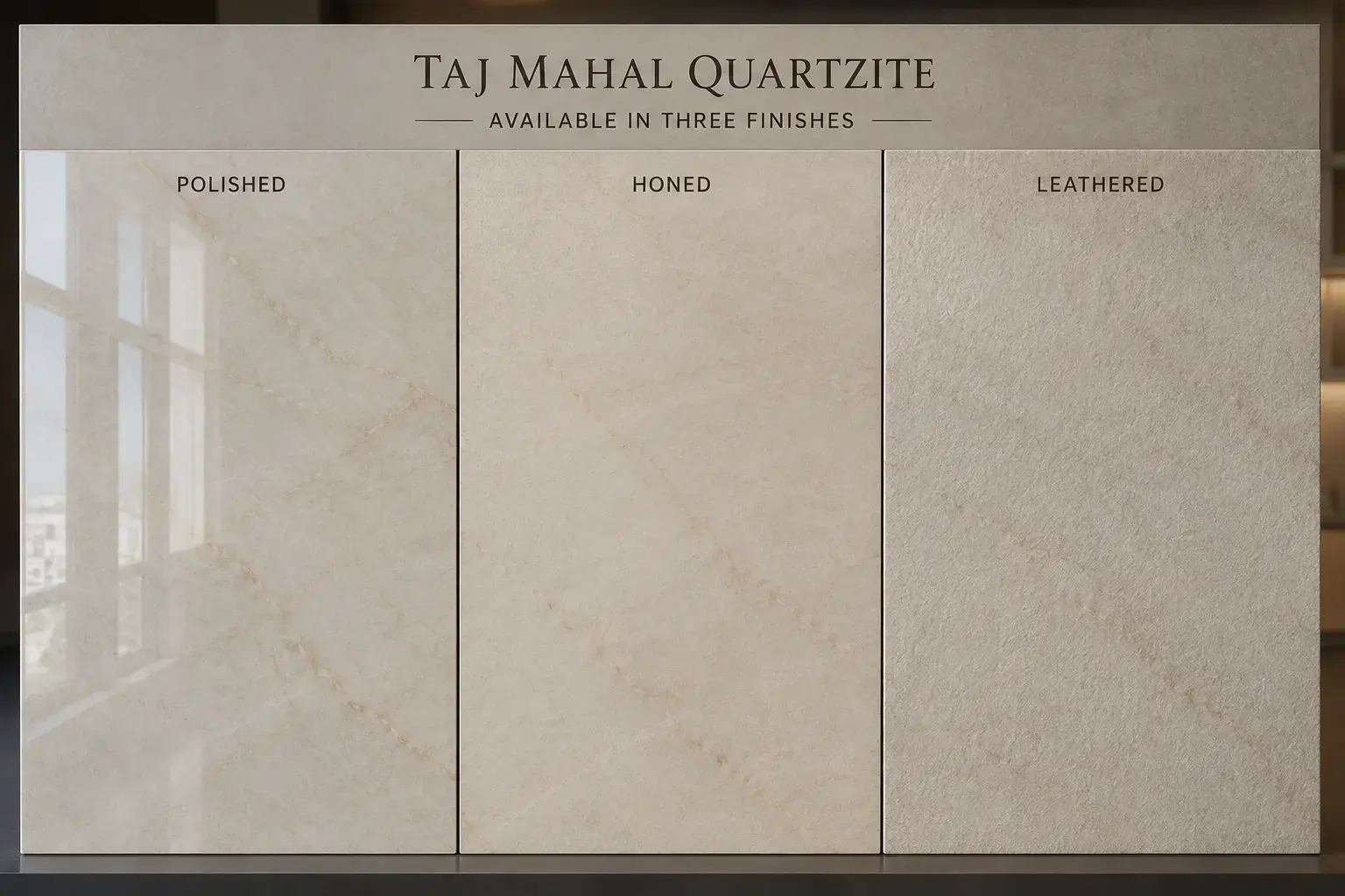 Conceptual rendering of Taj Mahal quartzite in polished, honed, and leathered finishes
