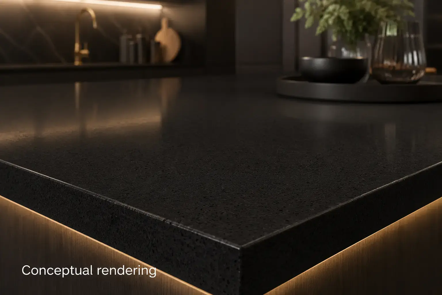 Conceptual rendering of Black quartz countertop in a luxury modern kitchen interior at Truckee, CA