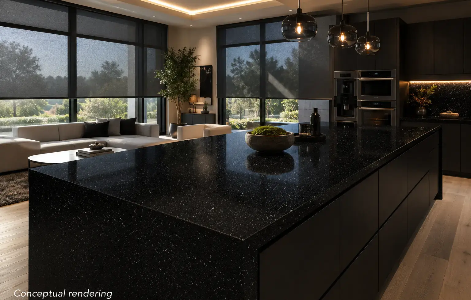 Conceptual rendering of luxury modern kitchen with black quartz countertop and solar window shades
