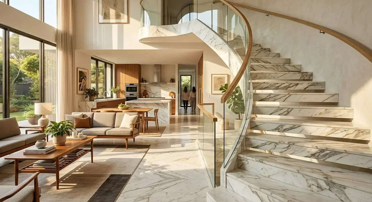 Conceptual rendering of a marble installed in a floor and wall