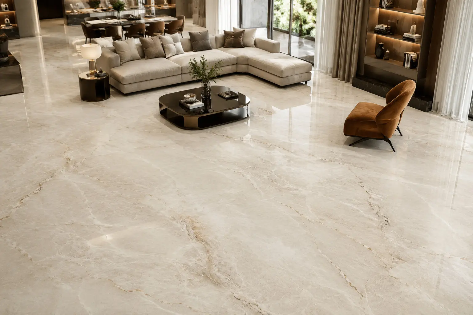 Conceptual rendering of a marble flooring in living room