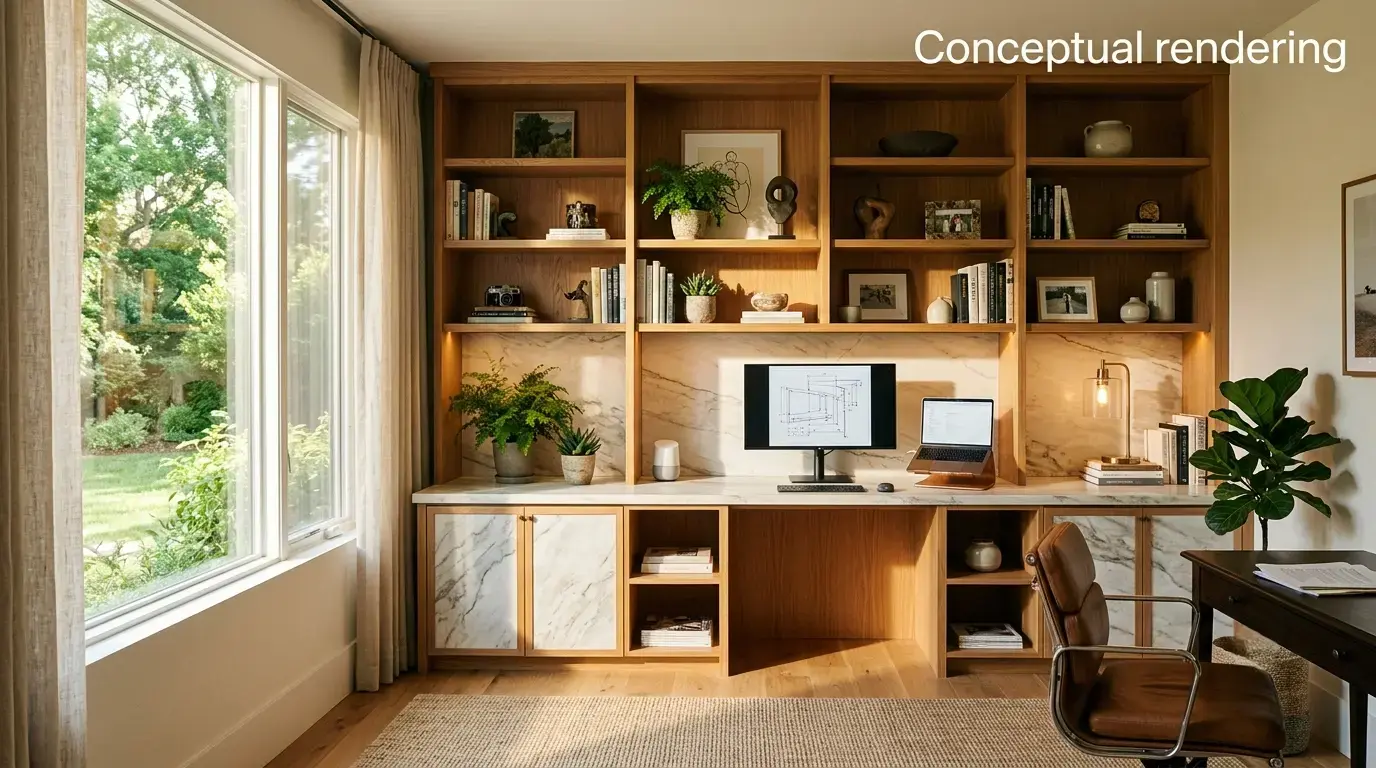 Conceptual rendering of a Home Office Design shelving unit with quartzite inlay