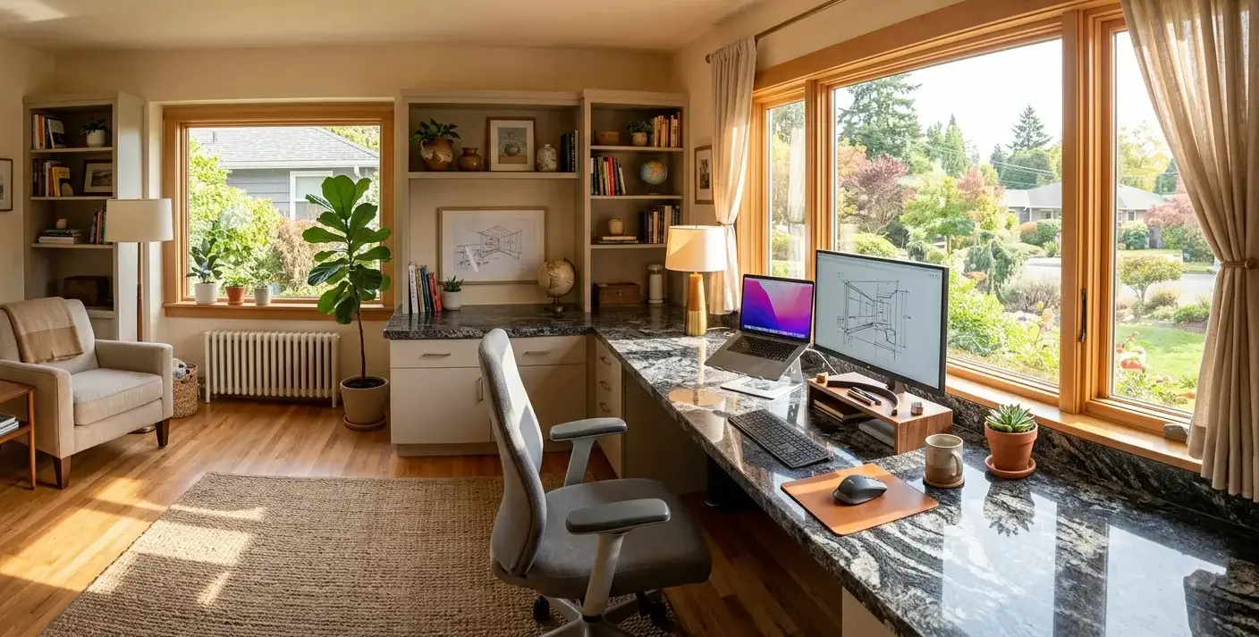 Conceptual rendering of a Home Office Design featuring a granite desk surface