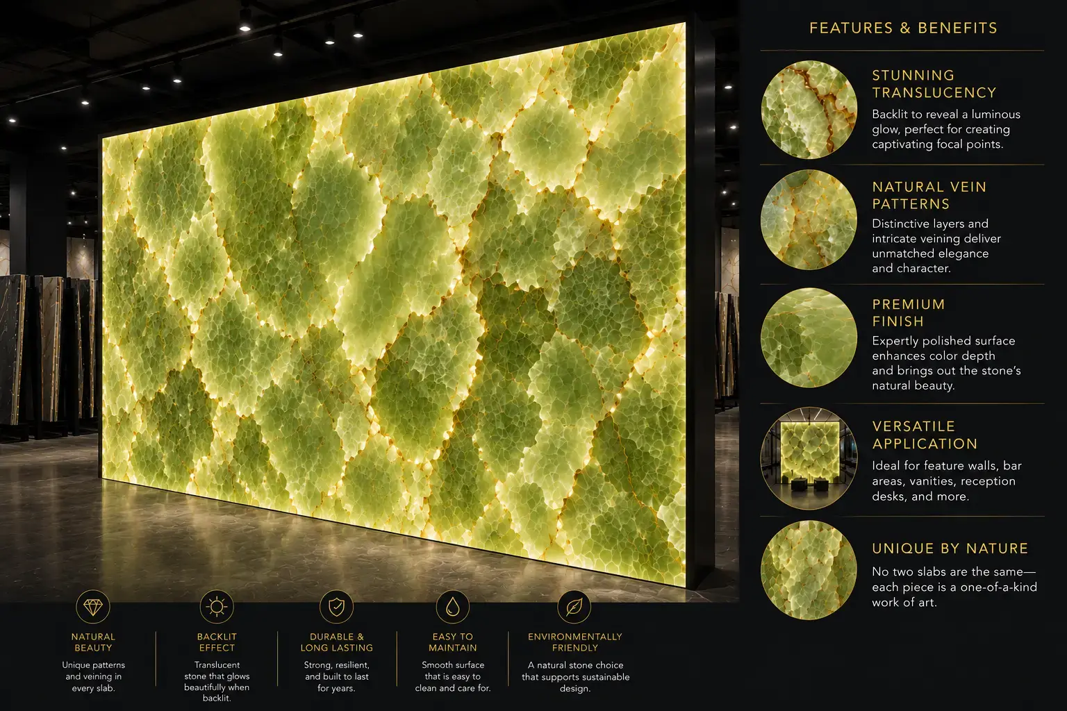 Conceptual rendering of backlit green onyx slab showcased in a stone showroom with feature highlights