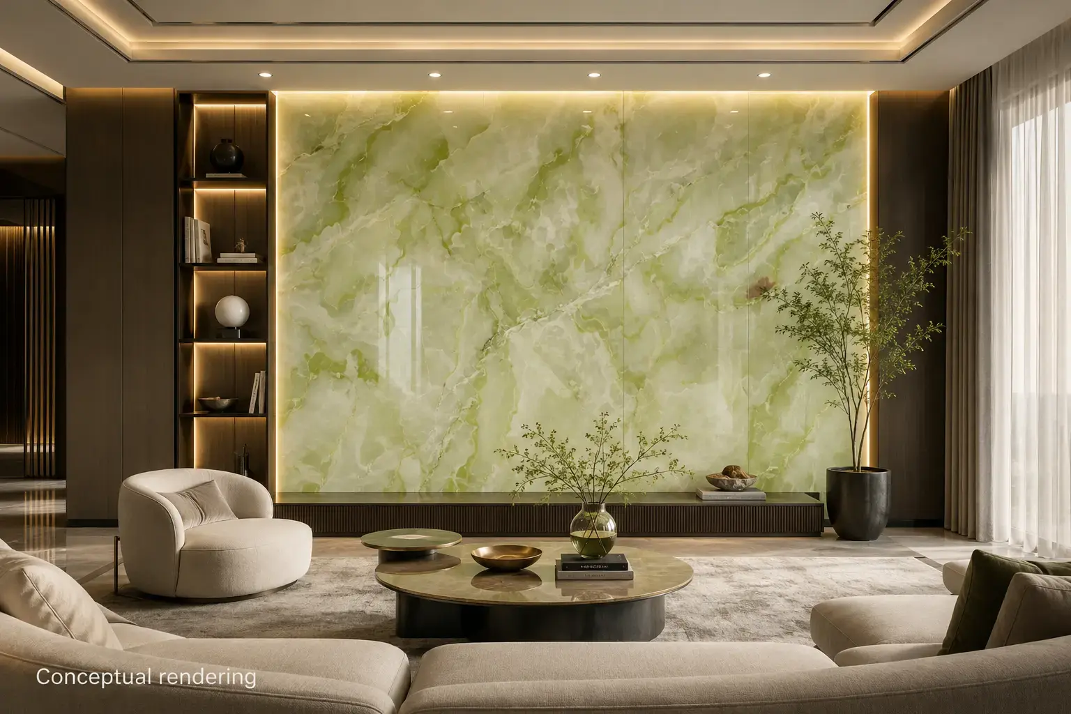 Conceptual rendering of green onyx feature wall in a contemporary luxury living room at Incline Village, NV