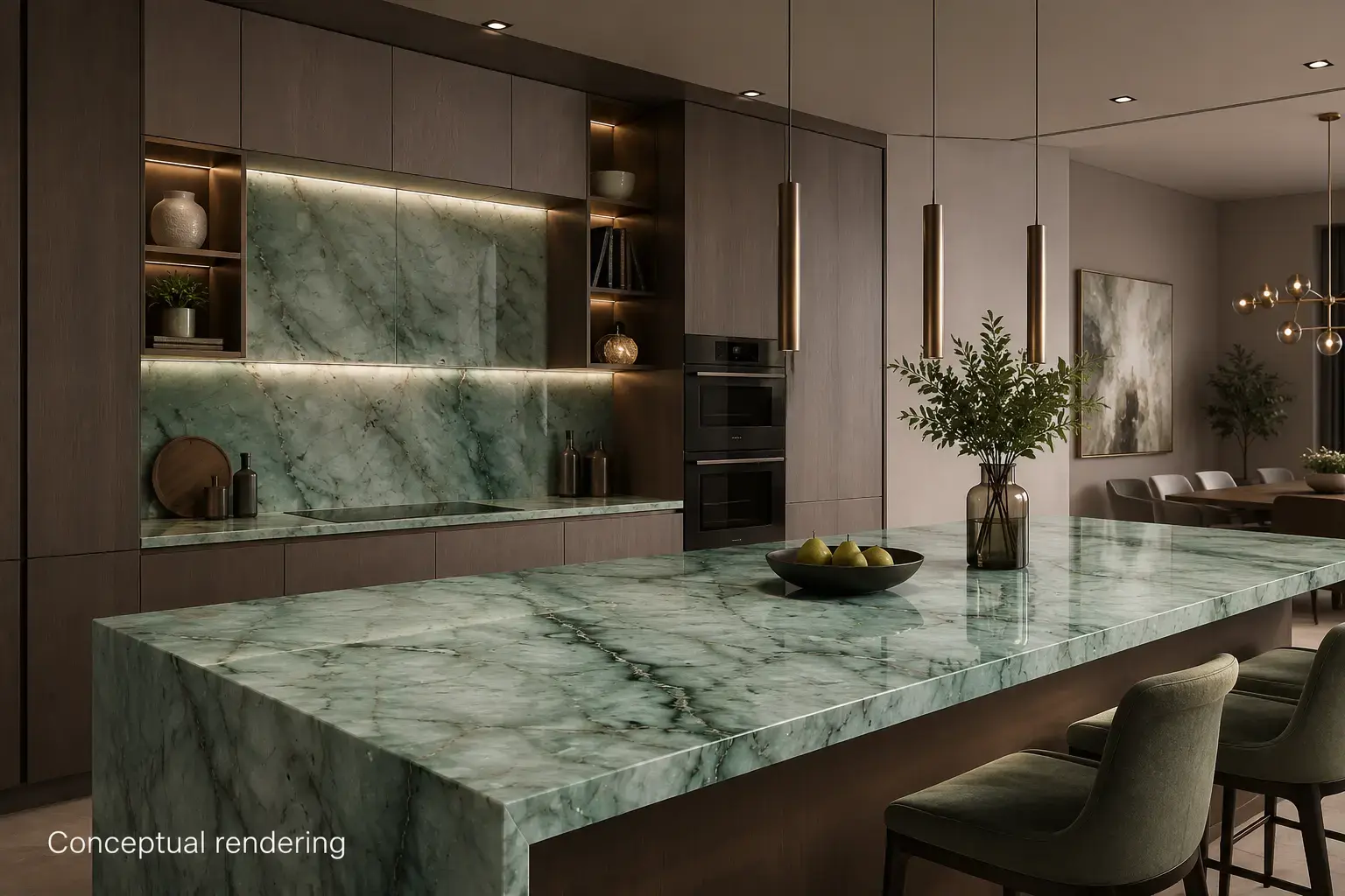 Conceptual rendering of luxury kitchen showcasing a polished green quartz countertop at Spanish Springs, NV