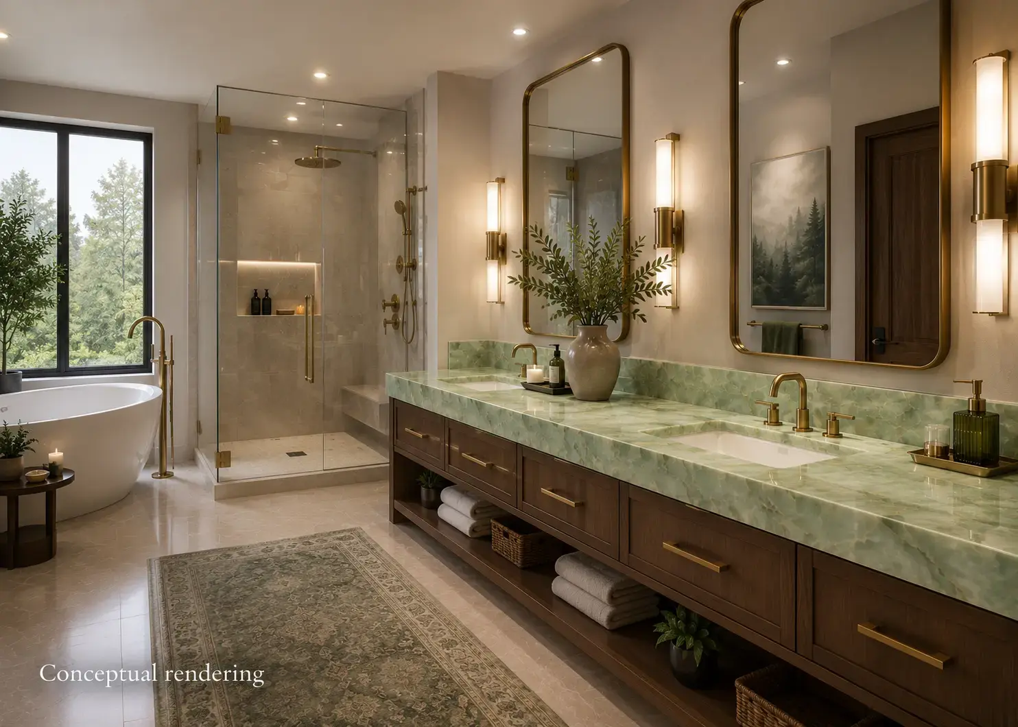Conceptual rendering of modern bathroom with green quartz vanity countertop, brass fixtures, and spa-inspired interior at Spanish Springs home