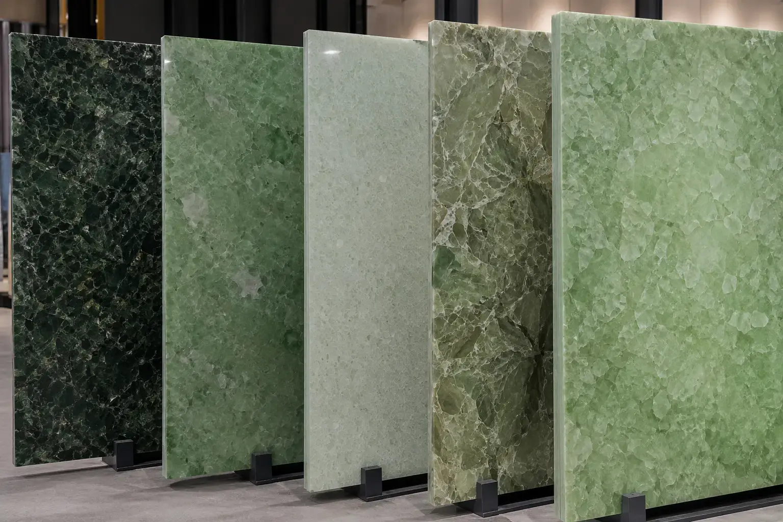 Conceptual rendering of green quartz slabs in varying shades of green displayed upright in a stone showroom