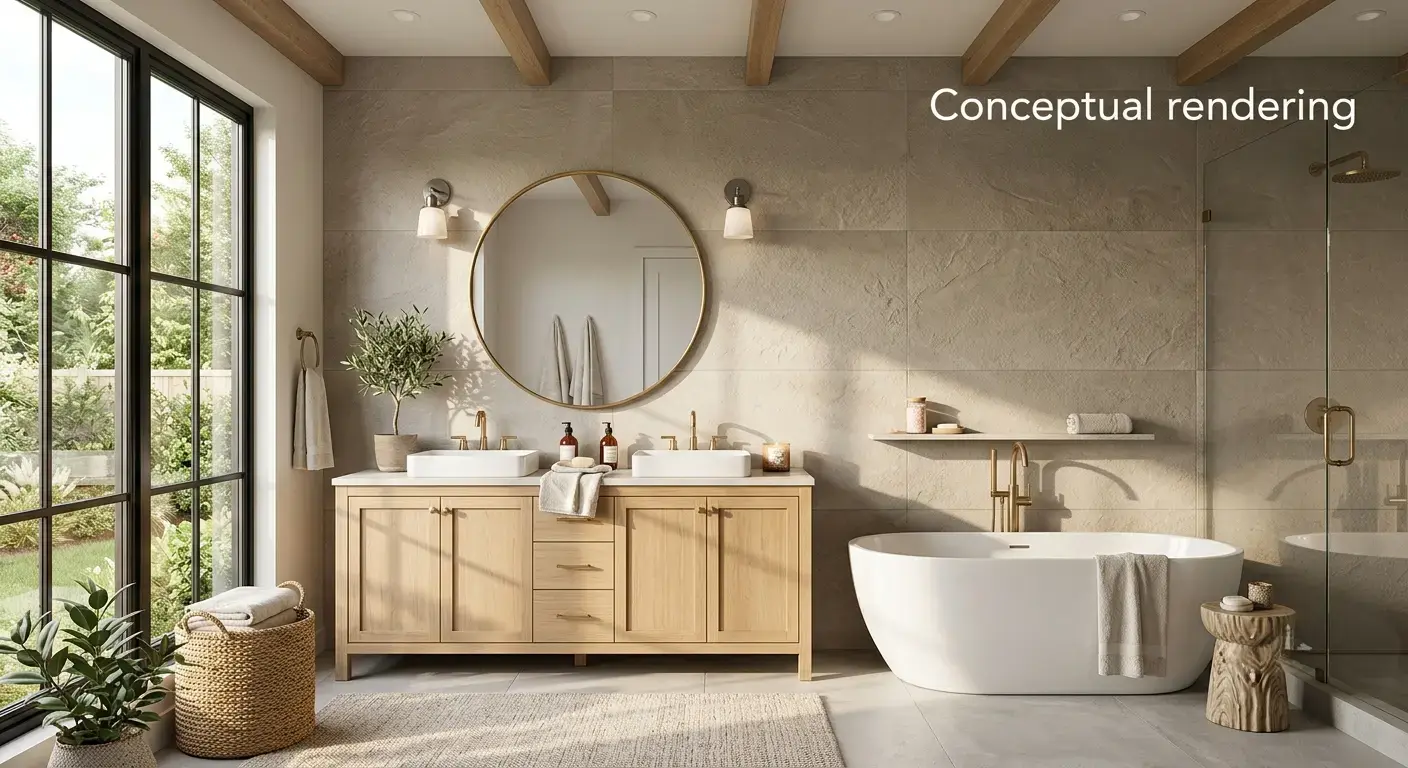 Conceptual rendering of porcelain tile in bathroom
