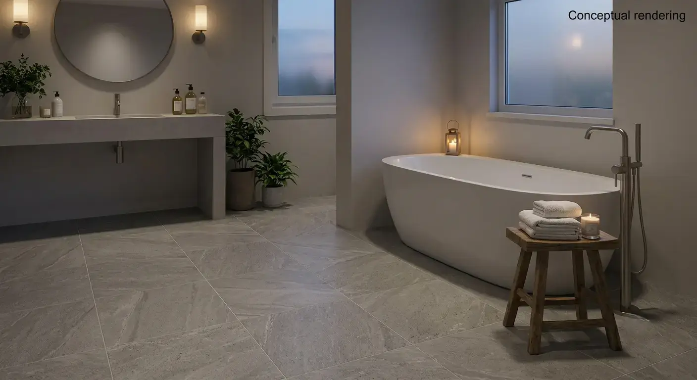Conceptual rendering of porcelain tile in bathroom floor