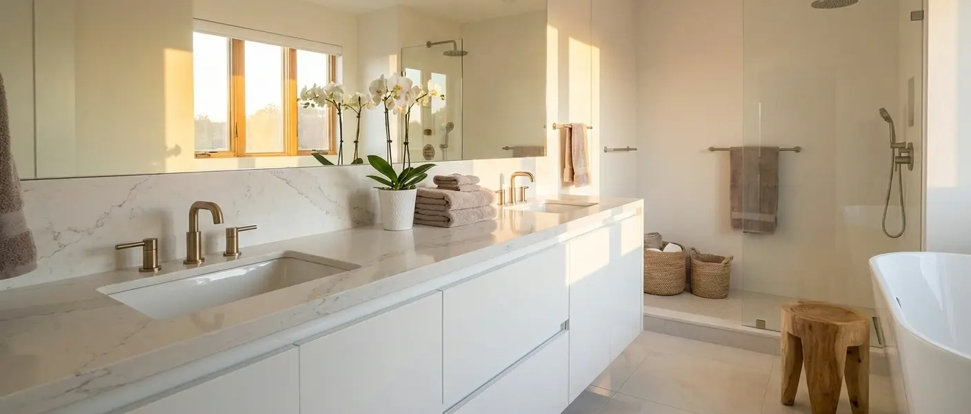 Conceptual rendering of a polished white quartz double vanity with matching backsplash