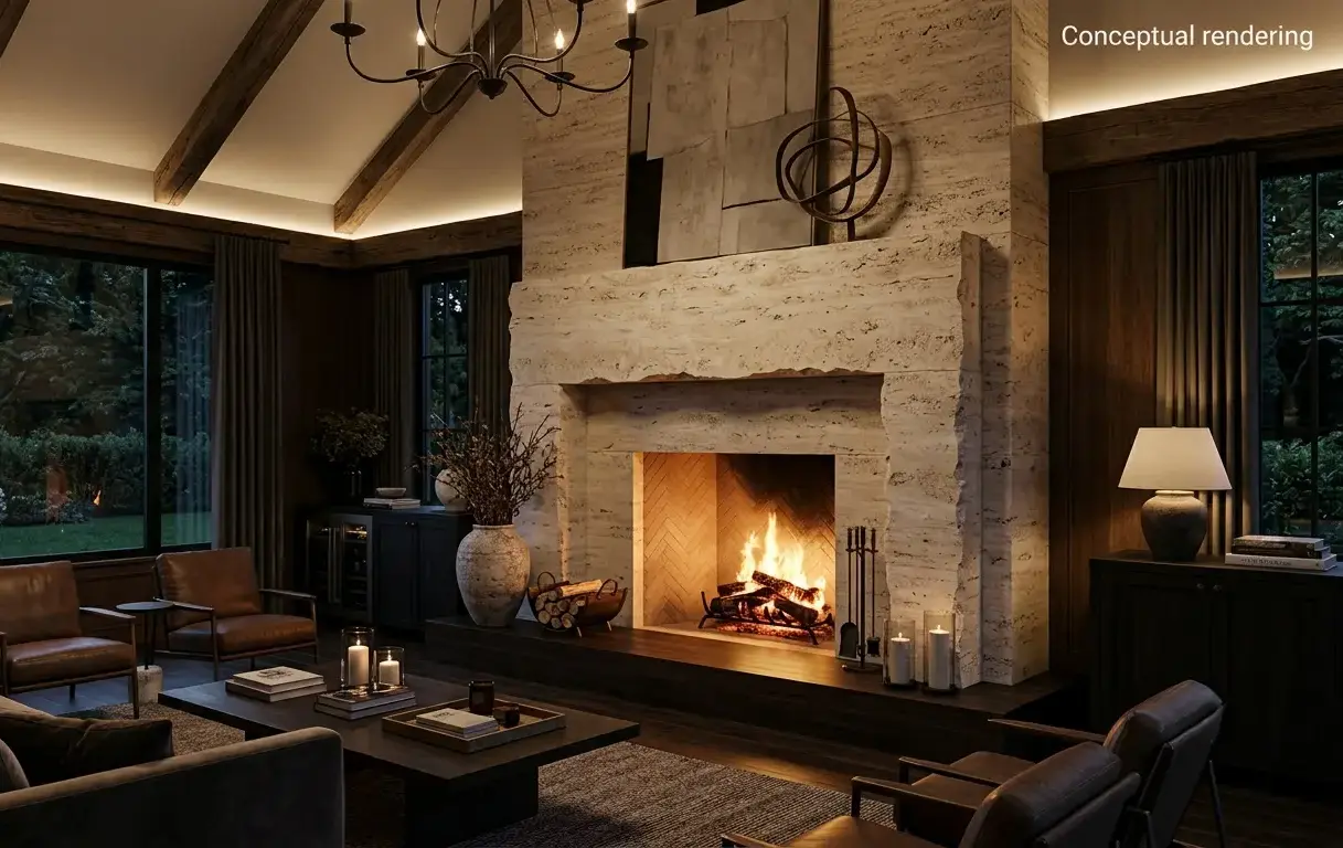 Conceptual rendering of a full-height travertine Stone Fireplace 