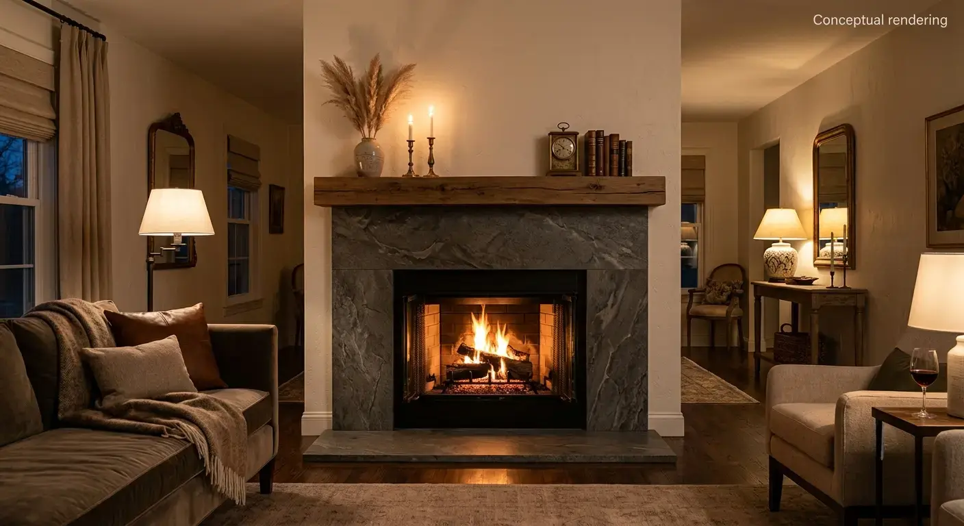 Conceptual rendering of a leathered quartzite Stone Fireplace Surrounds finish sample