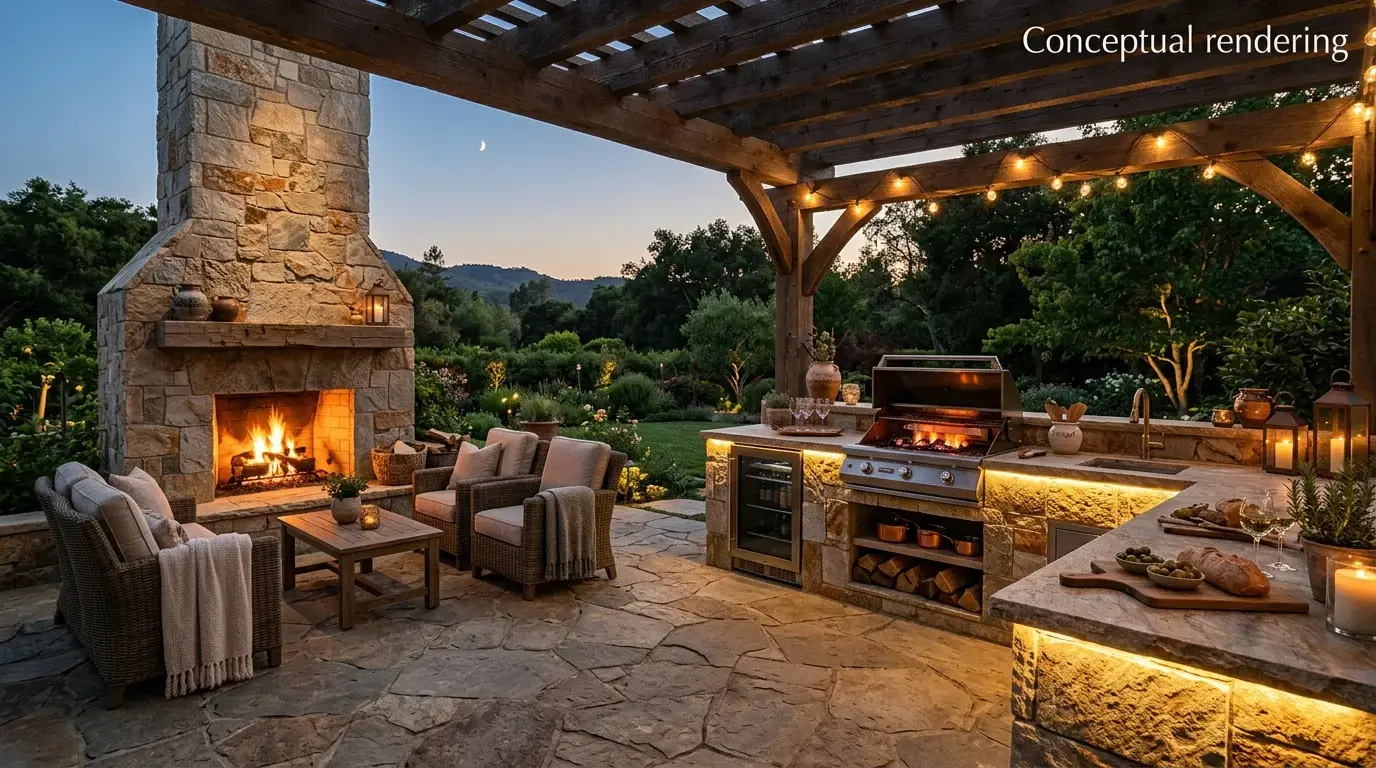 Conceptual rendering of a quartzite Stone Fireplaces and outdoor kitchen counter pairing