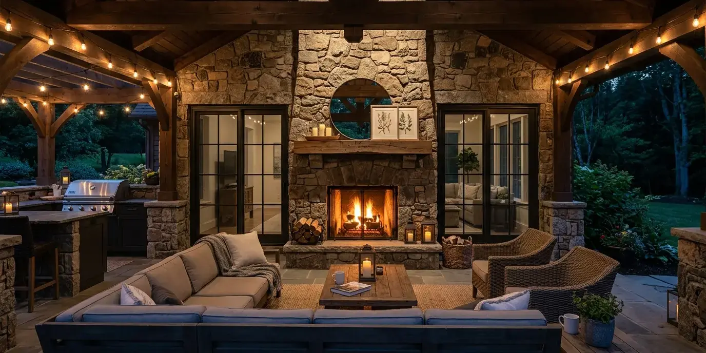 Conceptual rendering of a granite Stone Fireplaces surround on a covered patio