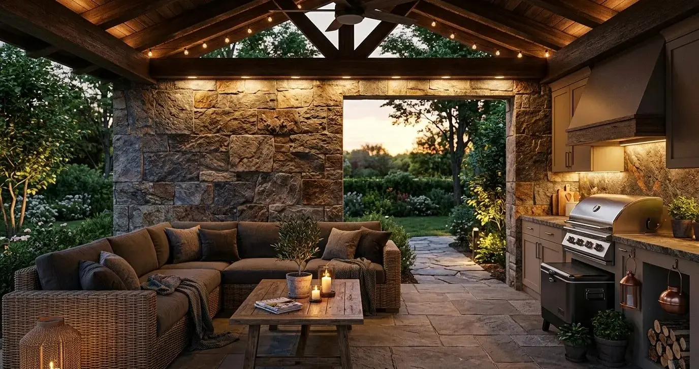 Conceptual rendering of a leathered quartzite stone accent wall on a covered outdoor patio