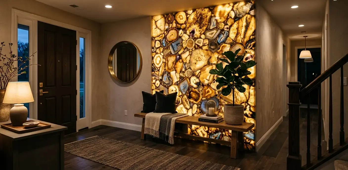 Conceptual rendering of a backlit semi-precious stone accent wall in a home entryway
