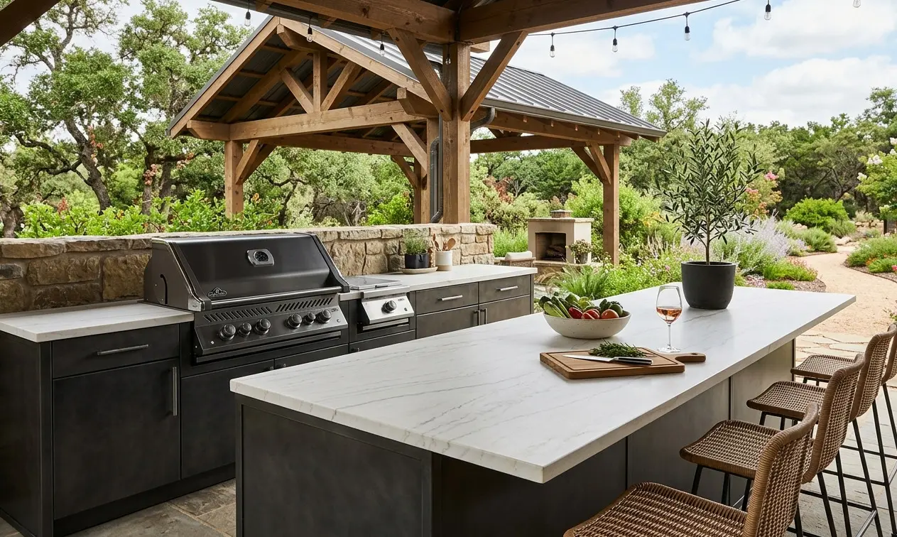 Conceptual rendering of quartzite countertop in outdoor kitchen