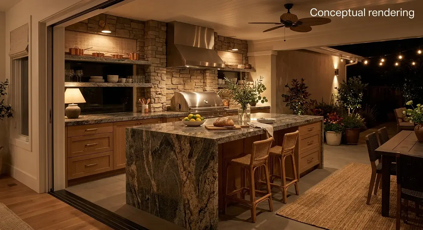 Conceptual rendering of granite outdoor kitchen island