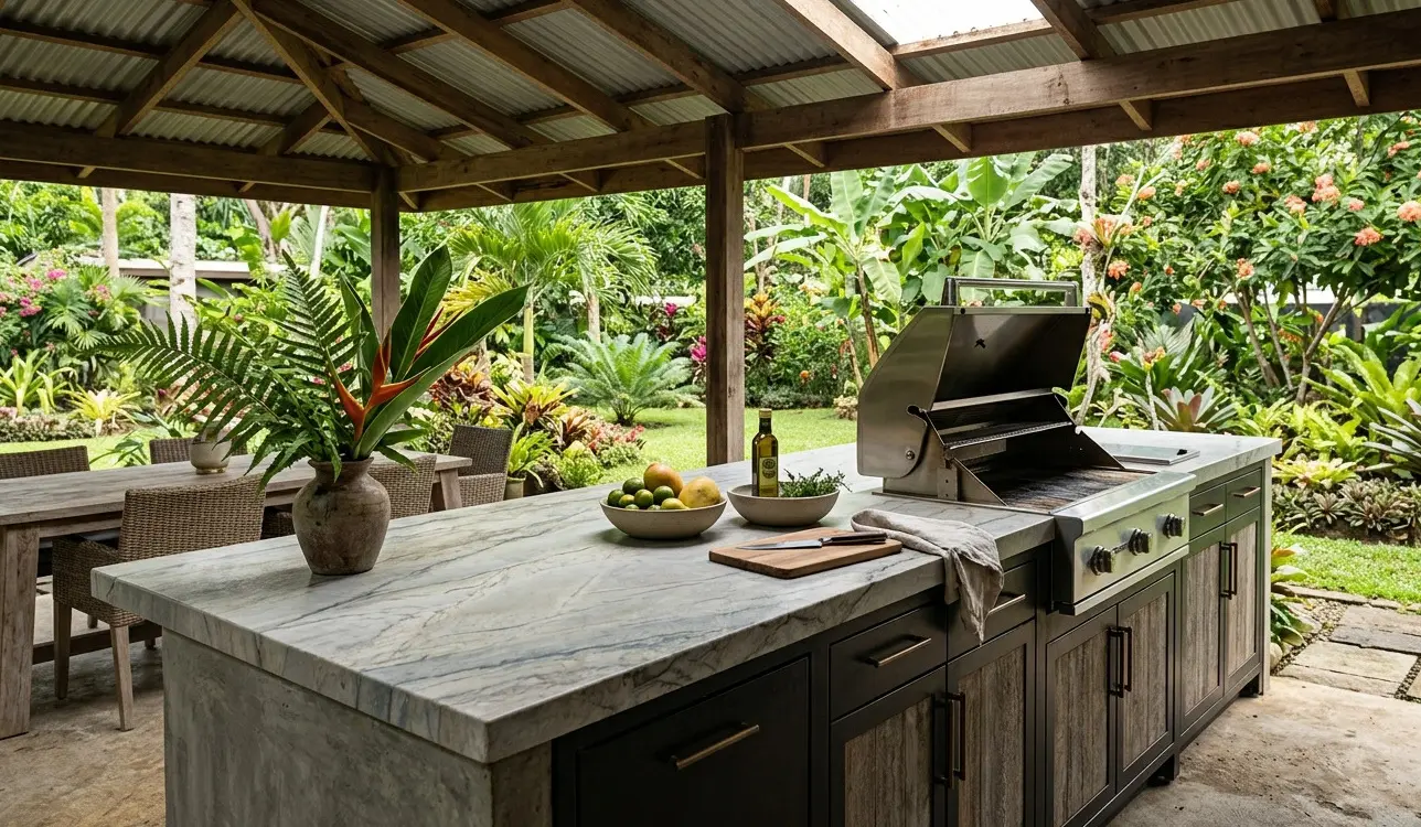 Conceptual rendering of allure quartzite in outdoor kitchen