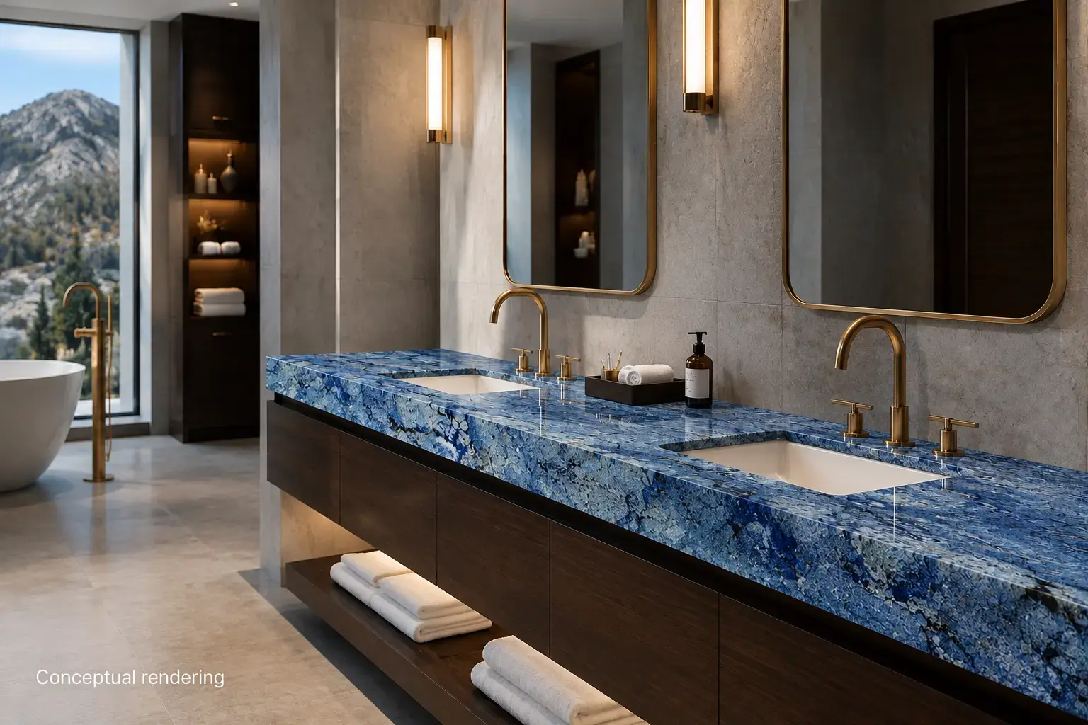 Conceptual rendering of luxury modern bathroom with a blue granite vanity countertop at Zephyr Cove, NV