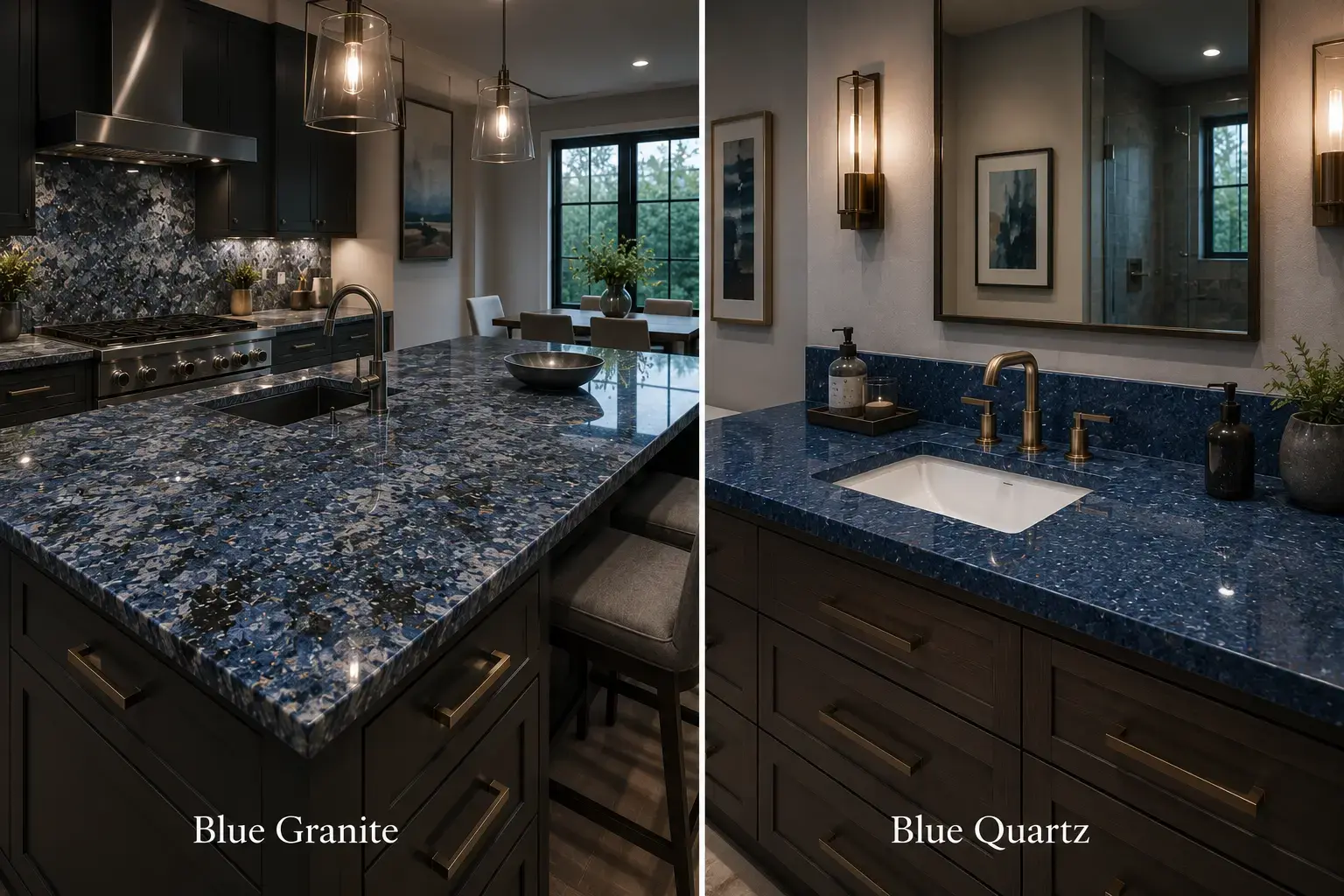 Conceptual rendering of side-by-side blue granite and blue quartz countertops in modern luxury interiors in Zephyr Cove, NV