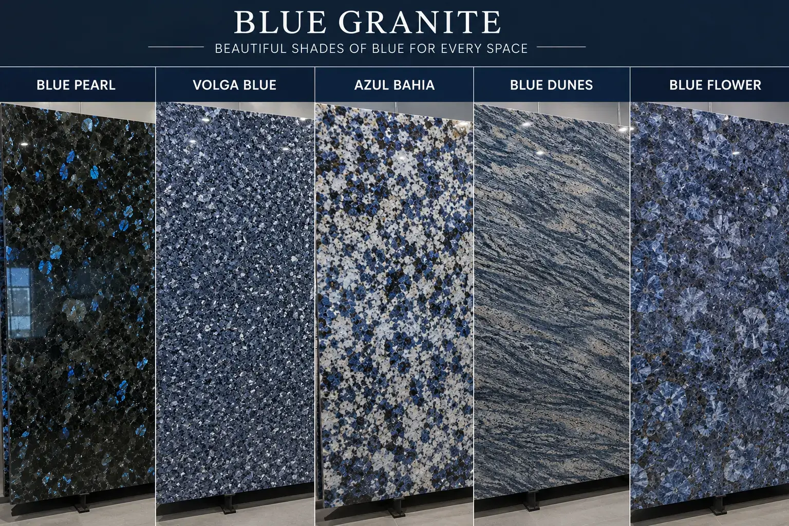 Conceptual rendering of blue granite slab comparison featuring Blue Pearl, Volga Blue, Azul Bahia, Blue Dunes, and Blue Flower