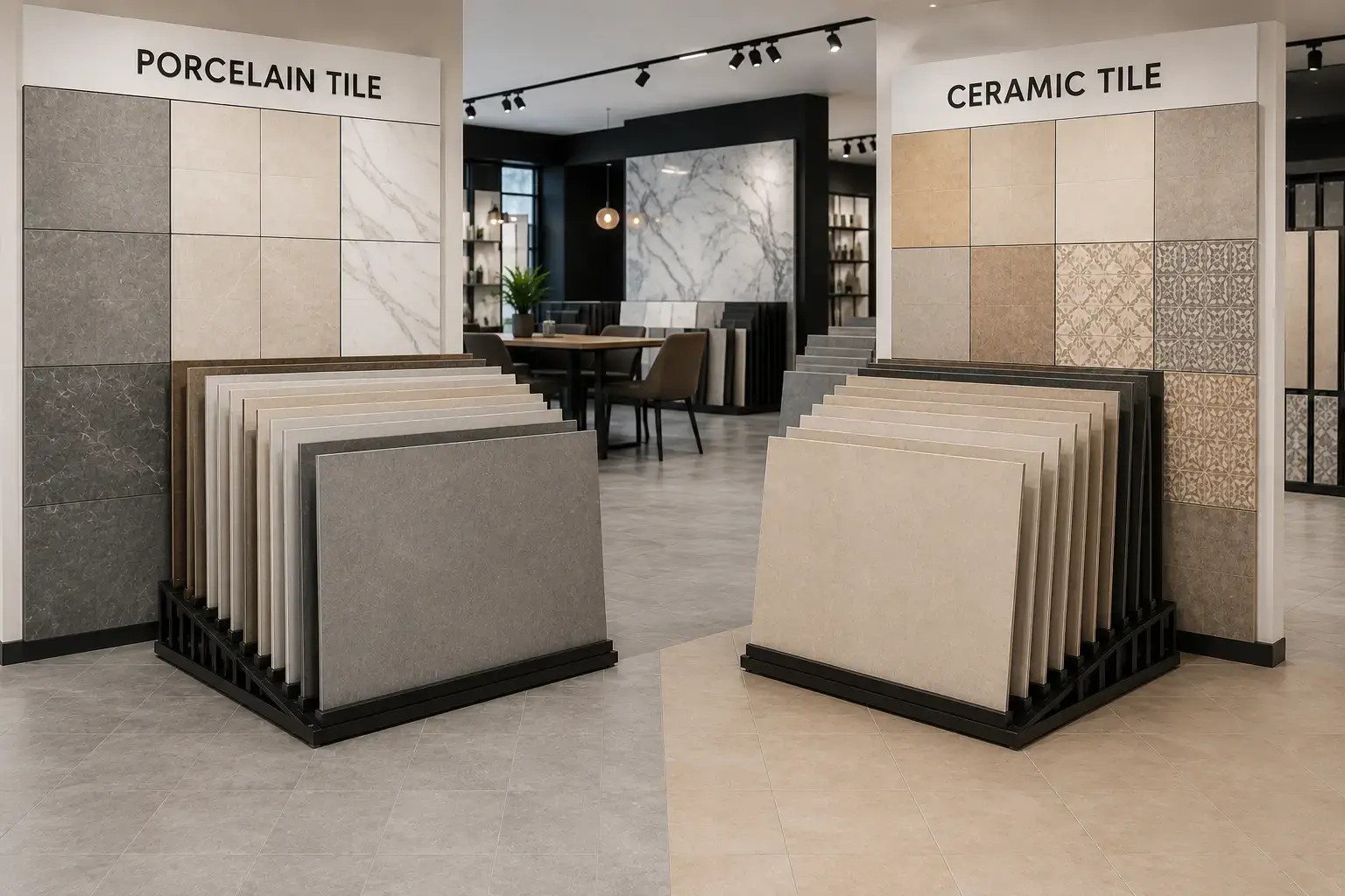Conceptual rendering of showroom displaying porcelain and ceramic tile collections side by side
