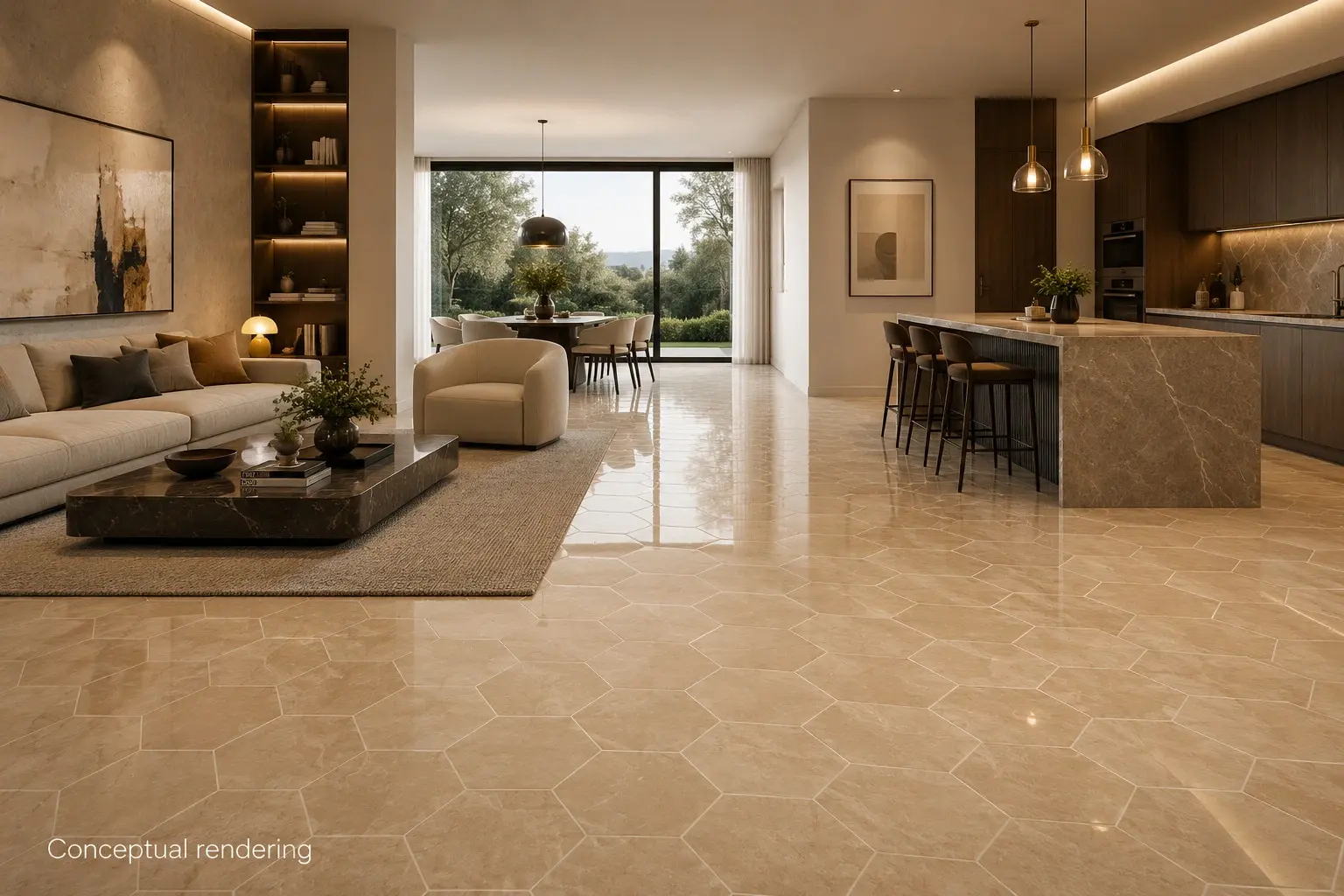 Conceptual rendering of luxury interior with honey porcelain tile flooring and modern high-end furnishings at Virginia City Highlands, NV