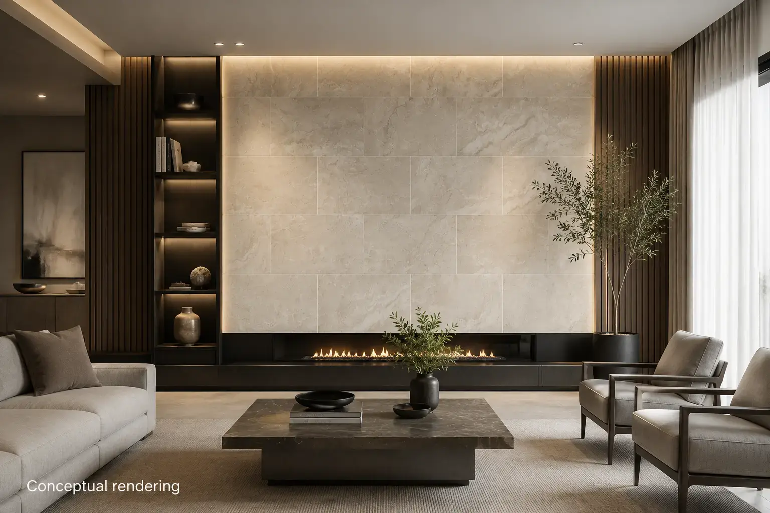 Conceptual rendering of living room with a ceramic tile accent wall and premium furnishings at Virginia City Highlands, NV