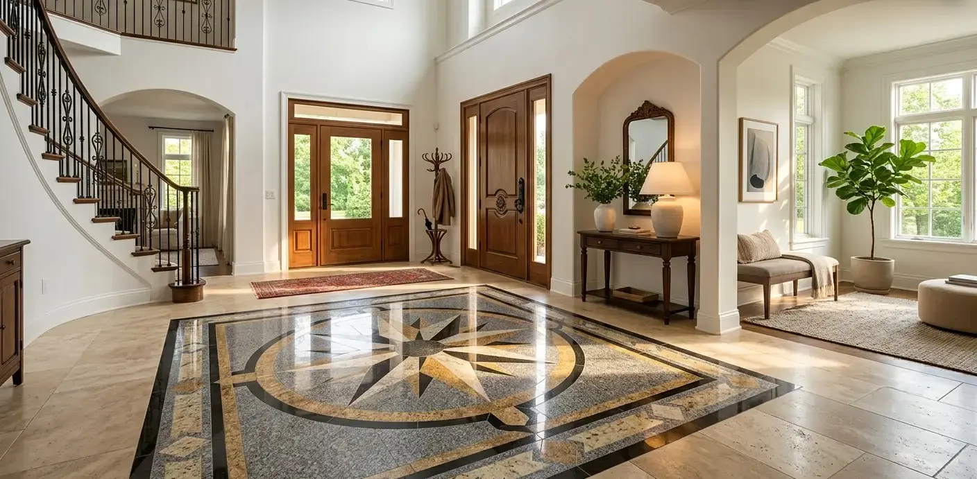 Conceptual rendering of a granite Entryway Design floor slab in a sunlit foyer