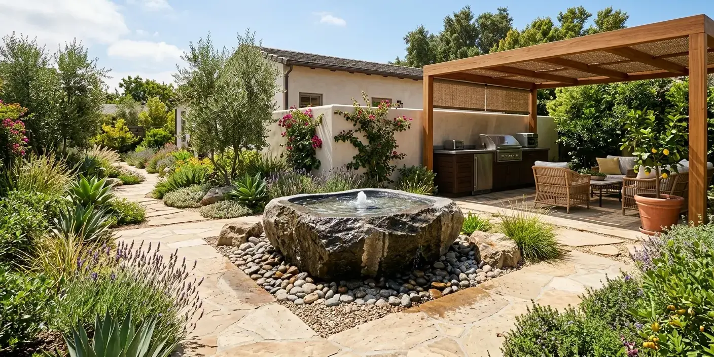 Conceptual rendering of a granite Landscaping Ideas water feature basin in full sun